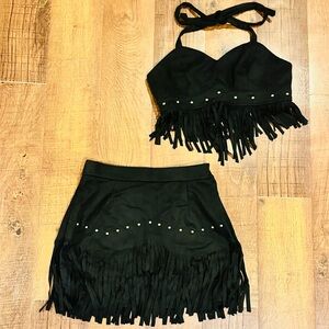 Black Fringe Skirt & Halter Top Set